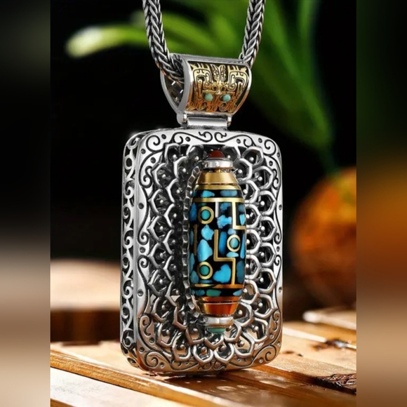 New! MEN'S .925 Silver Plated  6 Character Truth Mantra Spinner Charm Necklace. - Picture 5 of 8